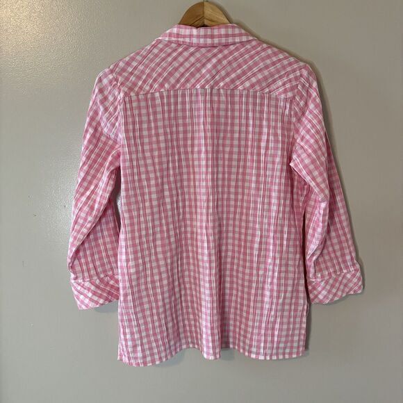 FoxCroft NYC Pink Plaid Button Up Top Pleated Textured Blouse Womens Sz 6 - Picture 6 of 8